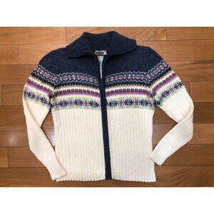 Tiara Petites Full Zip Multi Color Nordic Fair Isle Ribbed Knit Sweater Size MP
